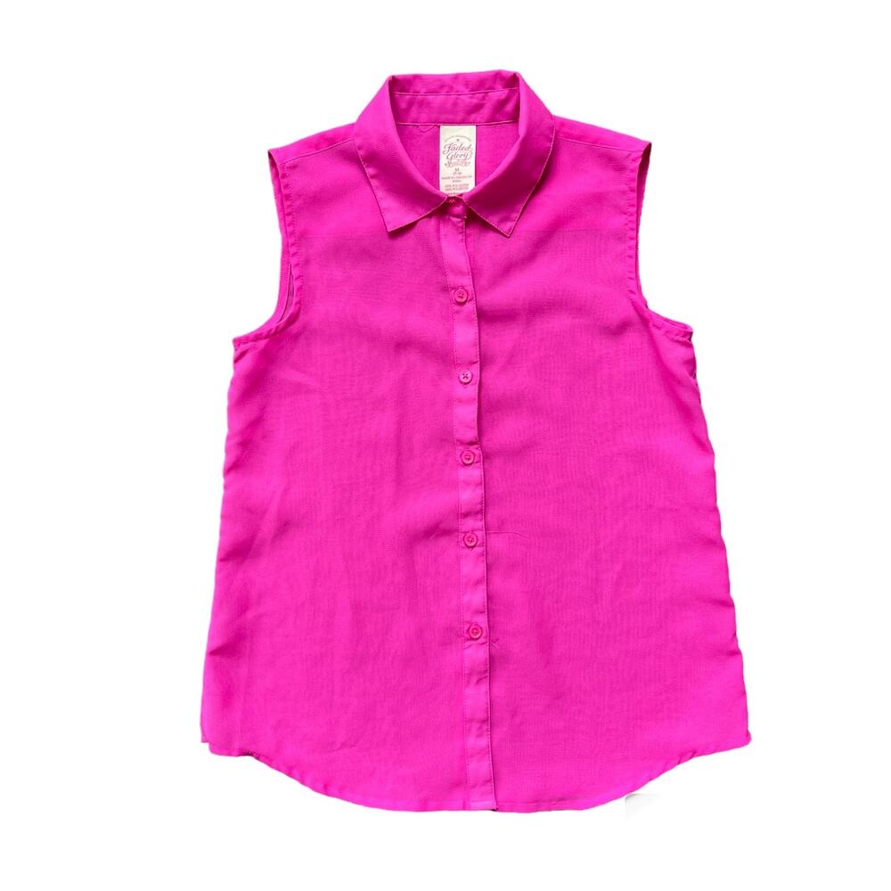 Girls M 7-8 Faded Glory Hot Pink Sleeveless Sheer Button Down Blouse Top